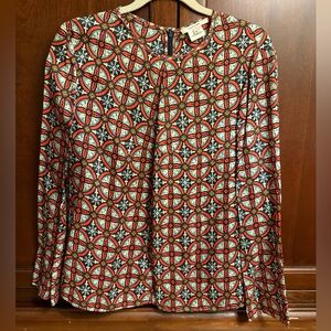 Carven Red, Blue & Mint Geometric Long-Sleeve Silk Blouse